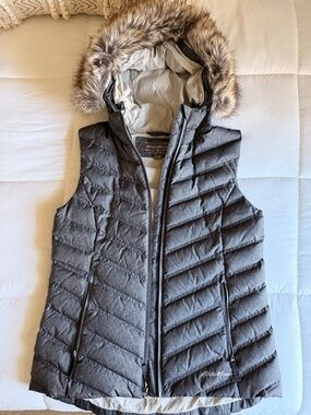 Eddie Bauer Quilted Gray Down Vest with Faux-Fur Trimmed Hood